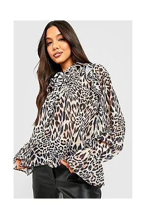 Boohoo Leopard Pussybow Ruffle Blouse