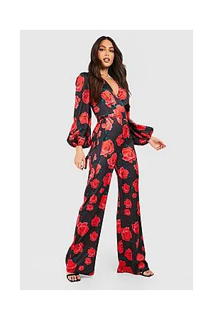 Boohoo Tall Satin Rose Balloon Sleeve Jumpsuit