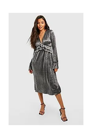 Boohoo Metallic Plisse Ruffle Midi Skater Party Dress