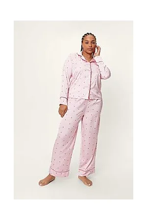Boohoo Plus Size Satin Heart Print 6pc Pajama Set