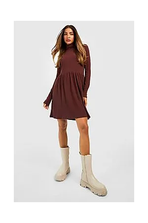 Boohoo Roll Neck Long Sleeve Soft Rib Shift Dress