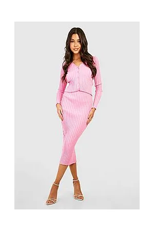 Boohoo Two Tone Rib Knitted Cardigan And Skirt Set