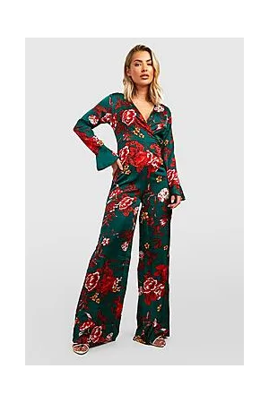 Boohoo Satin Wrap Floral Wide Leg Jumpsuit