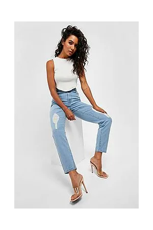Boohoo Basic High Waisted Slashed Knee Mom Jeans