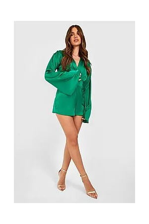 Boohoo Satin Wide Sleeve Plunge Playsuit