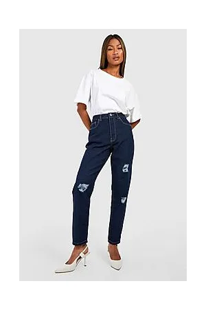 Boohoo Basics Mid Rise Distressed Mom Jeans