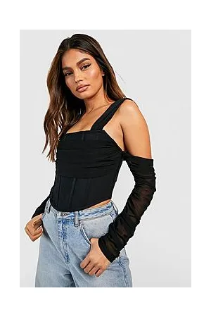 Boohoo Bandage Mesh Cold Shoulder Corset Top
