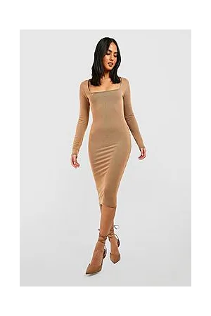 Boohoo Two Tone Ripple Rib Square Neck Midi Dress