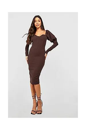 Boohoo Corset Detail Puff Sleeve Midi Dress
