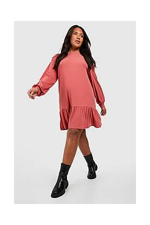 Boohoo Plus Soft Rib Ruffle Hem Smock Dress