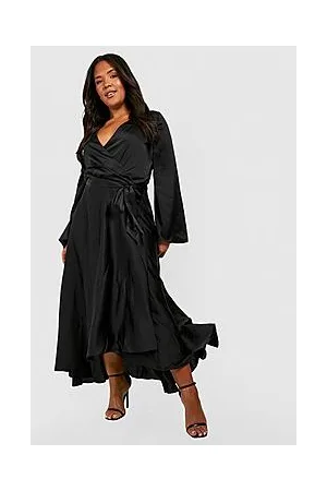 Boohoo Plus Satin Belted Dipped Hem Skater Dress
