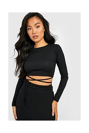 Boohoo Petite Rib Long Sleeve Tie Crop Top