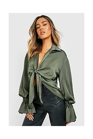 Boohoo Satin Plunge Tie Front Shirt