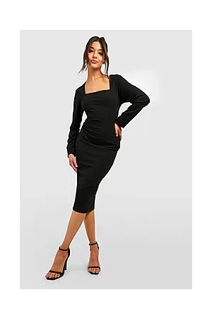 Boohoo Square Neck Ruched Sleeve Fitted Midi Dress
