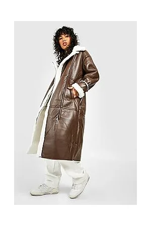 Boohoo Teddy Trim Longline Aviator Coat