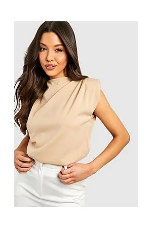 Boohoo High Neck Crepe Shoulder Pad Blouse
