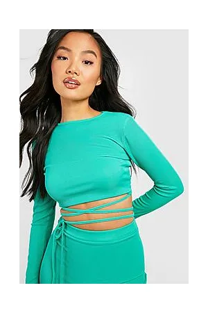 Boohoo Petite Rib Long Sleeve Tie Crop Top