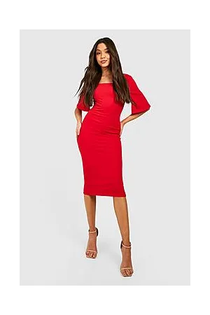 Boohoo Square Neck Flared Sleeve Fitted Midi Dress