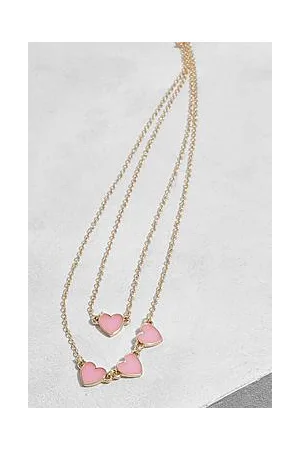Boohoo Enamel Pink Heart Double Row Necklace