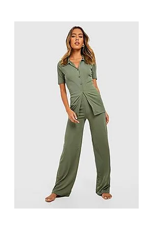 Boohoo Rib Collar Button Up Lounge Set