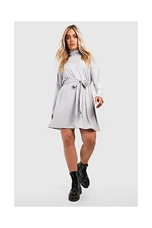 Boohoo Plus Jumbo Rib Roll Neck Tie Belt Shift Dress