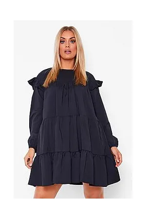 Boohoo Plus Long Sleeve Tiered Ruffle Smock Dress