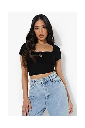 Boohoo Petite Square Neck Ruched Tie Front Crop Top