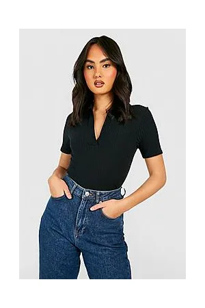 Boohoo Soft Rib Knit Short Sleeve Polo Collar Bodysuit