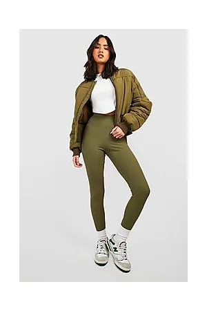 Boohoo Khaki Ribbed Mid Rise Basic Leggings