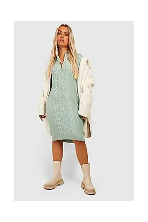 Boohoo Plus Cable Knit Zip Collared Jumper Dress