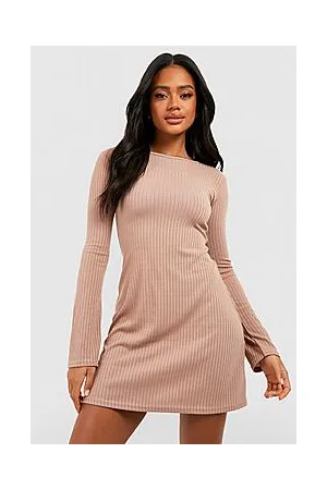 Boohoo Soft Rib Fit & Flare Long Sleeve Skater Dress