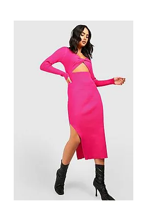 Boohoo Knot Front Cut Out Detail Rib Knit Midi Dress