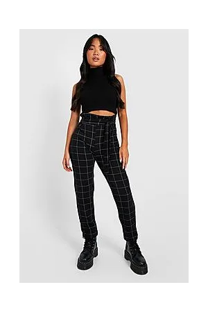 Boohoo Petite Grid Print Paperbag Waist Tapered Trousers