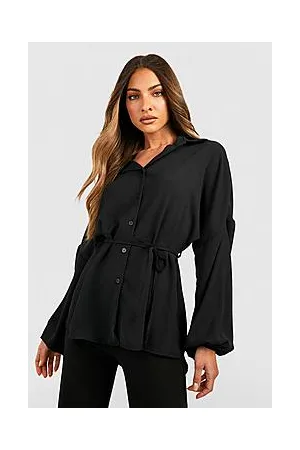 Boohoo Hammered Volume Sleeve Tie Waist Blouse