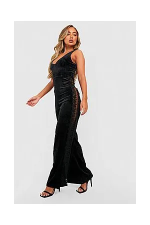 Boohoo Velvet Lace Detail Wide Leg Jumpsuit