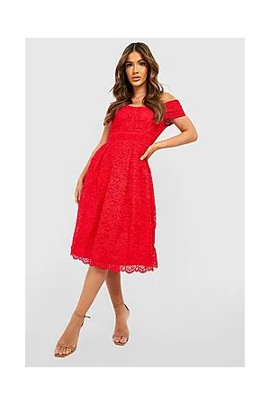 Boohoo Boutique Embroidered Bardot Midi Skater Dress