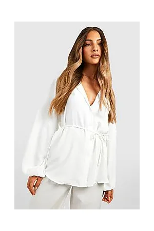 Boohoo Hammered Volume Sleeve Tie Waist Blouse