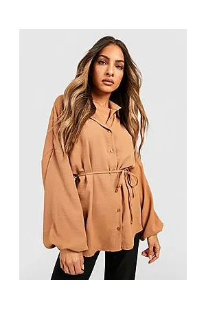 Boohoo Hammered Volume Sleeve Tie Waist Blouse