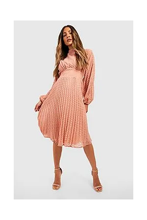 Boohoo Dobby Pleated High Neck Midi Dress