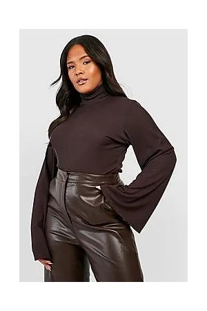 Boohoo Plus Rib Roll Neck Flare Sleeve Top