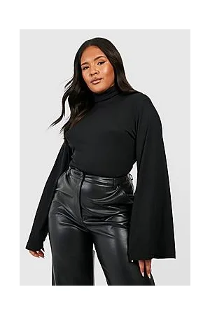 Boohoo Plus Rib Roll Neck Flare Sleeve Top