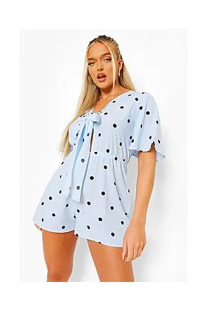 Boohoo Polka Dot V Neck Tie Front Playsuit