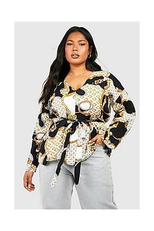Boohoo Plus Plunge Kimono Sleeve Tie Waist Top