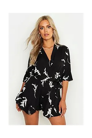 Boohoo Plus Abstract Floral Print Ruffle Tie Playsuit