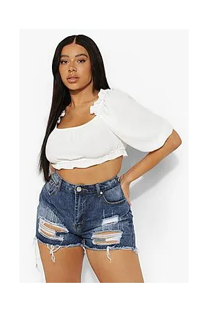 Boohoo Plus Distressed Ripped Hem Denim Shorts
