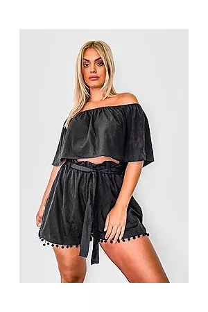 Boohoo Plus Off Shoulder Pom Pom Shorts Co-ord