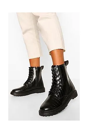 Boohoo Wide Fit Croc Lace Up Chunky Hiker Boots