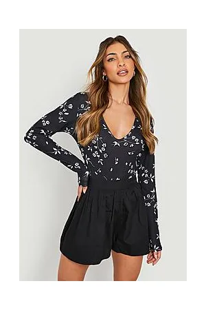 Boohoo Floral V Neck Long Sleeve Bodysuit
