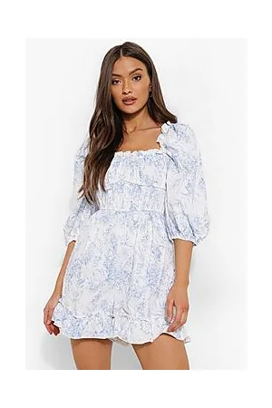 Boohoo Porcelain Print Puff Sleeve Ruched Playsuit