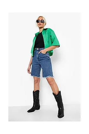 Boohoo High Waisted Ripped Longline Denim Shorts